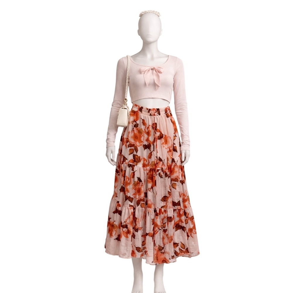 Sincerely‎ Jules Tiered Maxi Skirt Floral Print Pink Orange Brown Drawstring S